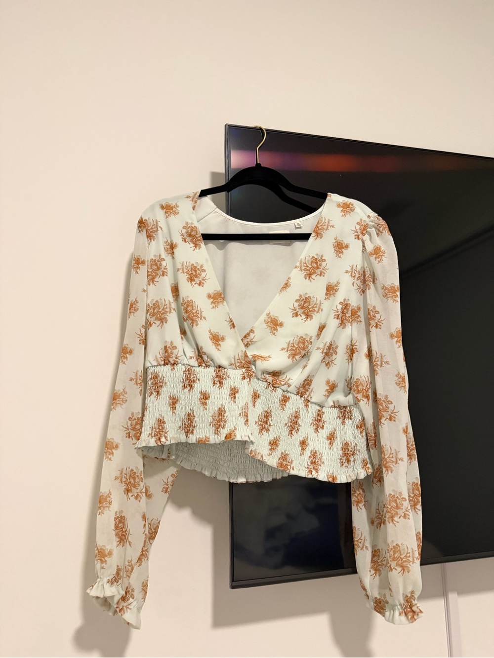Aritzia Cream Long-Sleeve Blouse with Rust Floral Print